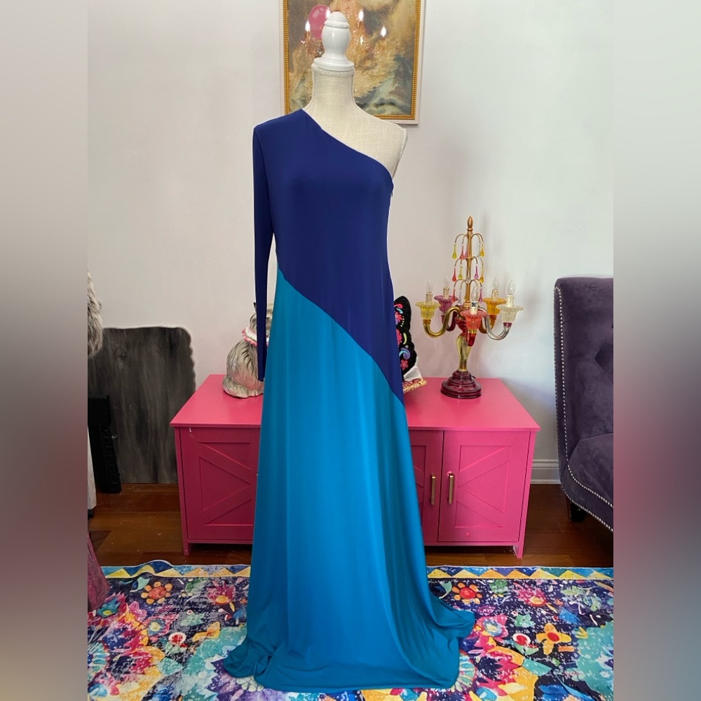 ❌SOLD❌HALSTON AJA GOWN SAPPHIRE BLUE TEAL ONE ARM LONG SLEEVE SOLD OUT SIZE 8 - Picture 6 of 12